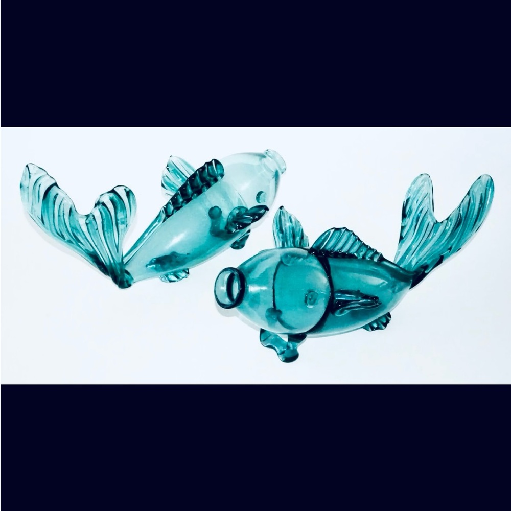 Japanese Modernist lg blue-turquoise green,handblown glass Koi fish sculptures